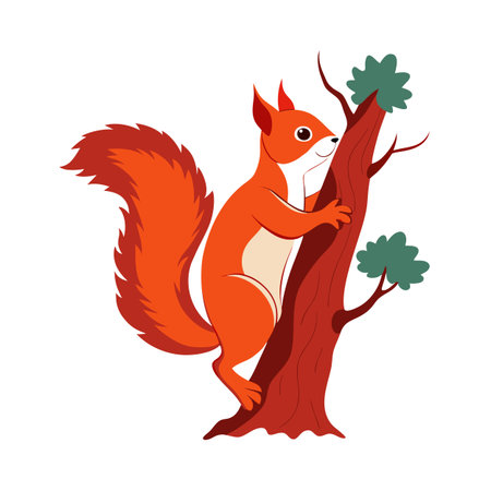 Illustrated squirrel climbing a stylized tree with green foliage on a white backgroundのイラスト素材