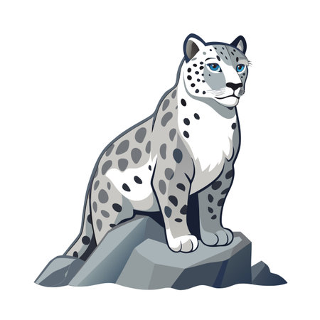 Cartoon Snow Leopard Sitting on a Rock Illustration, on White Backgroundのイラスト素材