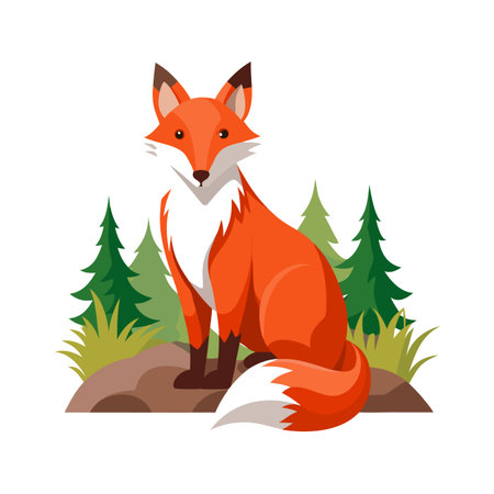 Fox sitting among evergreen trees in a flat stylized forest sceneのイラスト素材