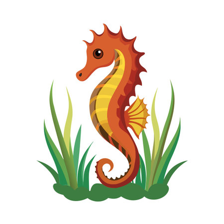 Cartoon seahorse in aquatic grass in a flat vector illustrationのイラスト素材