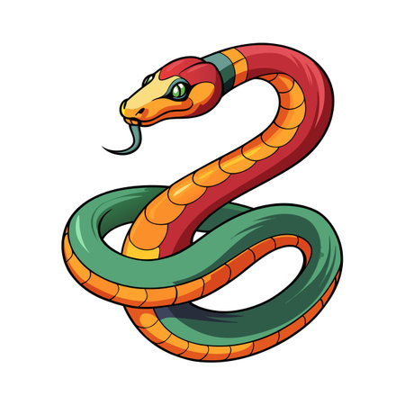 Illustration of a cartoon snake coiled, with red, orange, and green scalesのイラスト素材