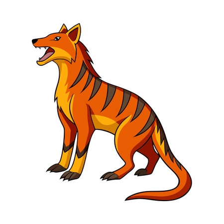 Cartoon Thylacine Illustration: An Orange Striped Wolf-Like Creature Posing on Whiteのイラスト素材