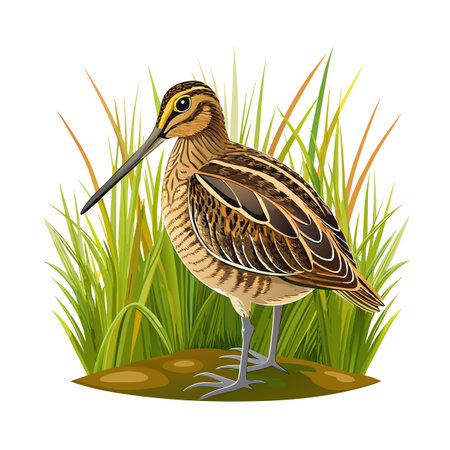Isolated vector snipe bird standing tall in green and yellow grassのイラスト素材
