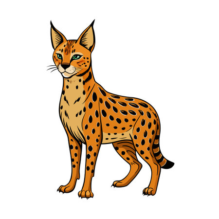 Cartoon Serval Cat Standing Proudly with Spotted Fur and Emerald Eyesのイラスト素材