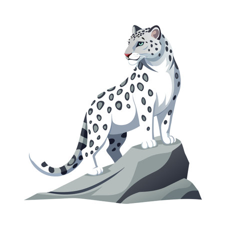 Elegant snow leopard illustration standing proudly on a gray rock, graphic design styleのイラスト素材