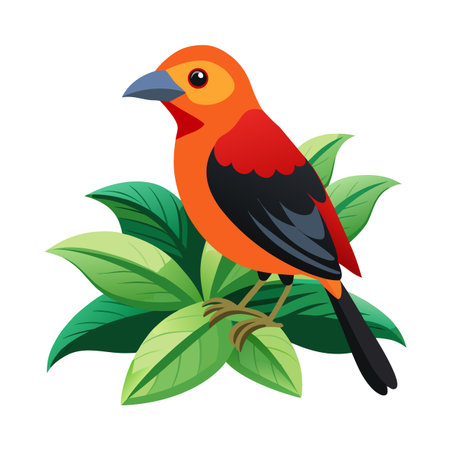 Vibrant orange bird illustration perched upon stylized leaves against a white backgroundのイラスト素材
