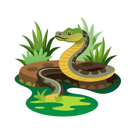 Cartoon snake slithering on a rock with grass and green water puddleのイラスト素材