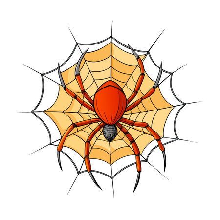 Cartoon illustration of a spider on its web with detailed line workのイラスト素材