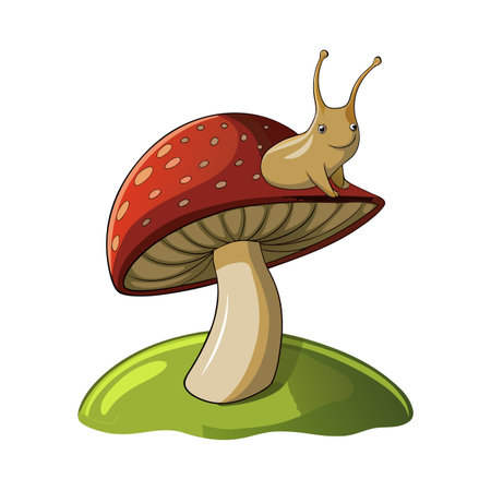 Cartoon Snail Resting on Amanita Mushroom in Forest Glade Illustrationのイラスト素材