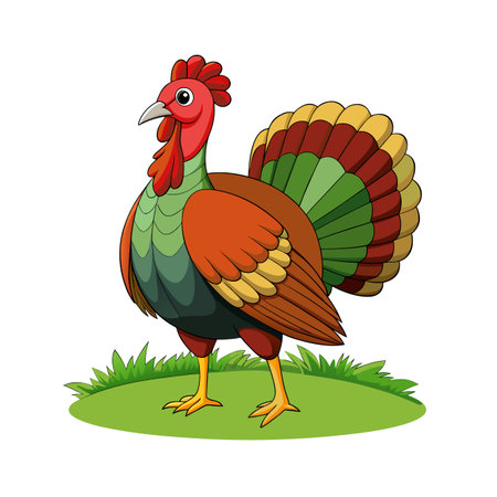 Colorful Cartoon Turkey Standing on Green Grass Isolated on White Backgroundのイラスト素材