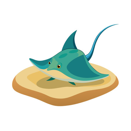 Cartoon stingray on layered sand illustration, isolated against a white background