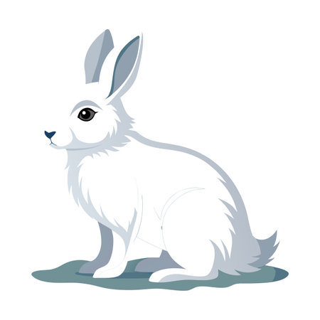 Stylized white hare sitting on a greyish green patch in cartoon styleのイラスト素材