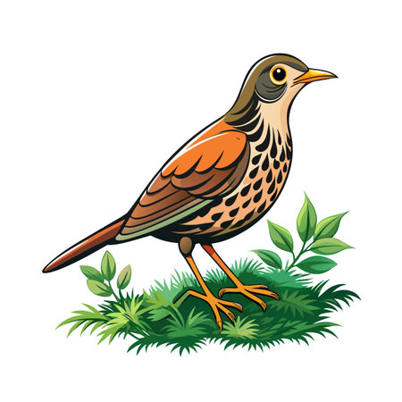 Illustration of a colorful songbird standing on green grass against a white backgroundのイラスト素材