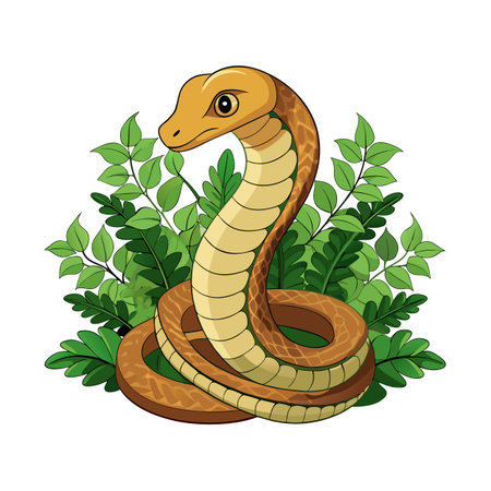 Cartoon snake coiled amidst lush green foliage, illustration on white backgroundのイラスト素材