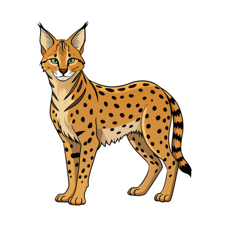 Illustration of a serval wild cat standing isolated on a white backgroundのイラスト素材
