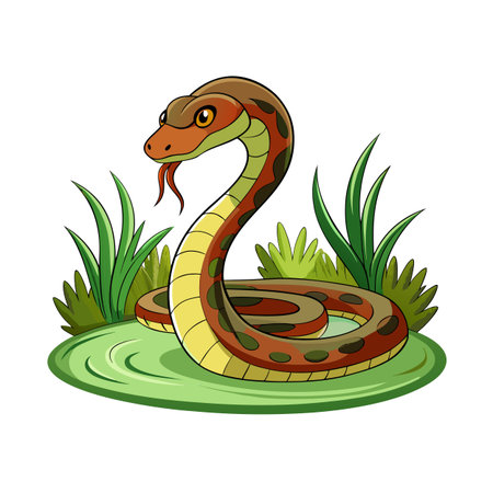 Cartoon snake with tongue out in grass patch on white backgroundのイラスト素材