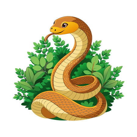 Friendly cartoon snake coiling amidst vibrant green foliage on a white backdropのイラスト素材