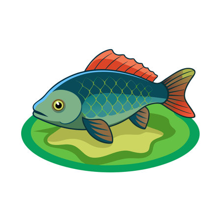 Stylized Illustration of a Fish Resting on a Decorative Green Plateのイラスト素材