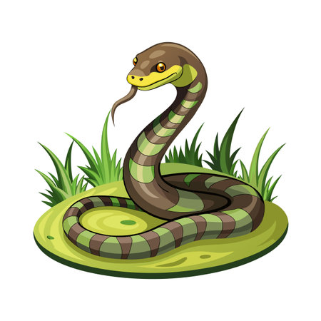 Cartoon snake illustration coiled on a grassy mound against a white backgroundのイラスト素材