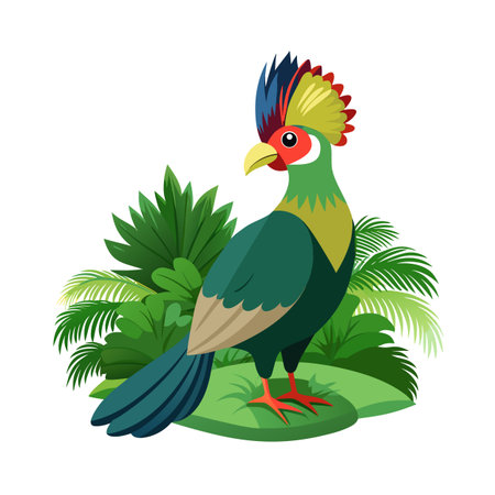 Vibrant crested coua bird amidst lush tropical foliage in a colorful illustrationのイラスト素材