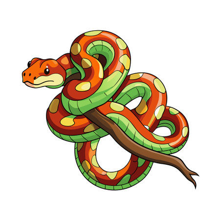 Cartoon Orange Snake Coiled on a Tree Branch with Yellow Spotsのイラスト素材
