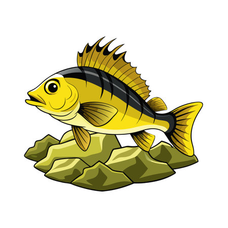 Cartoon illustration of a yellow perch fish on rocks with outlined detailsのイラスト素材
