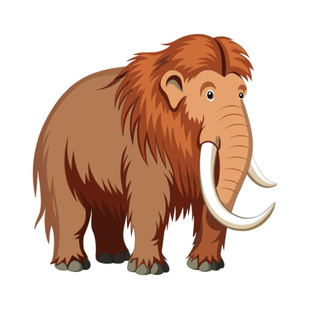 Cartoon Illustration of a Woolly Mammoth with Long Tusks on White Backgroundのイラスト素材