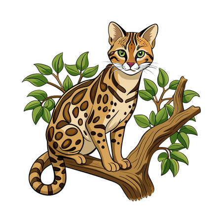Cartoon Bengal Cat Illustration Sitting on a Tree Branch with Green Leavesのイラスト素材