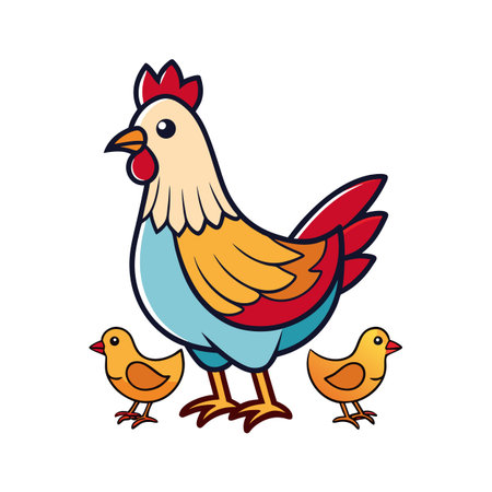 Cartoon Rooster with Chicks illustration in vector format on white backgroundのイラスト素材
