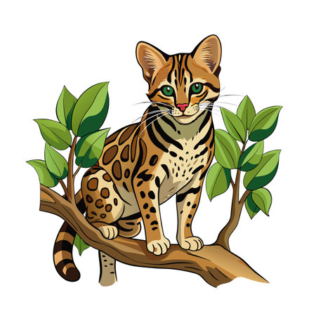 Bengal cat resting on a branch with green leaves illustrationのイラスト素材