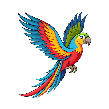 Vibrant cartoon macaw in flight displaying striking colorful plumage against white backdropのイラスト素材