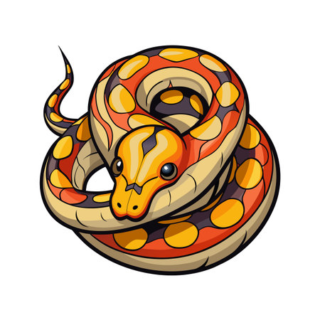 Cartoon Illustration of a Coiled Royal Python with Orange and Yellow Markingsのイラスト素材