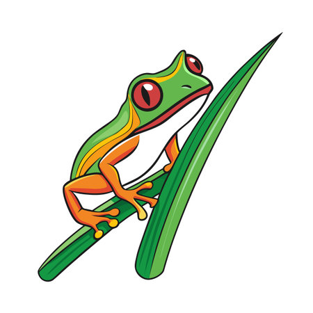 Cartoon red-eyed tree frog clinging to a vibrant green leaf illustrationのイラスト素材