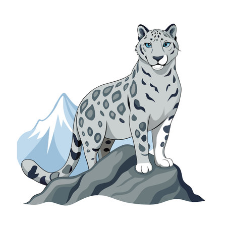Cartoon snow leopard standing on rock, mountain backdrop, wildlife illustrationのイラスト素材