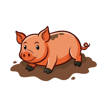 Cartoon pig in mud puddle illustration for children's books and animal themesのイラスト素材