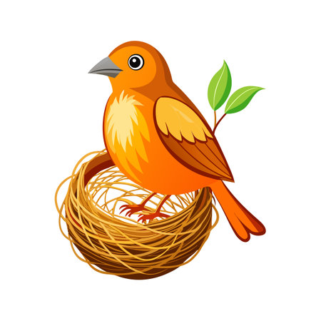 Vibrant Orange Bird Resting in a Nest with Green Leaves Illustrationのイラスト素材