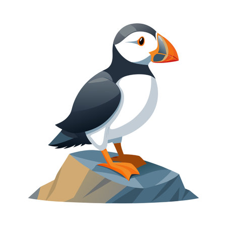 Cartoon puffin standing on a rock formation with vibrant colors and simple shapesのイラスト素材