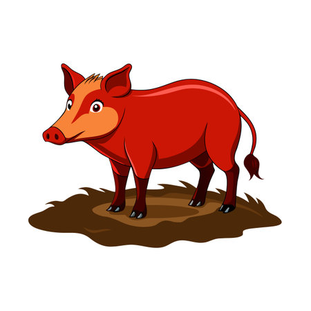 Cartoon Red River Hog standing on dirt patch against a white backgroundのイラスト素材