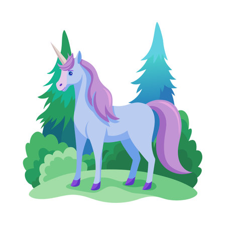 Unicorn in Forest - Enchanted Creature Amidst Green Trees and Bushesのイラスト素材