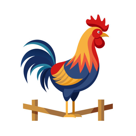Stylized rooster perched on a wooden fence, vector illustration for farm themed designsのイラスト素材