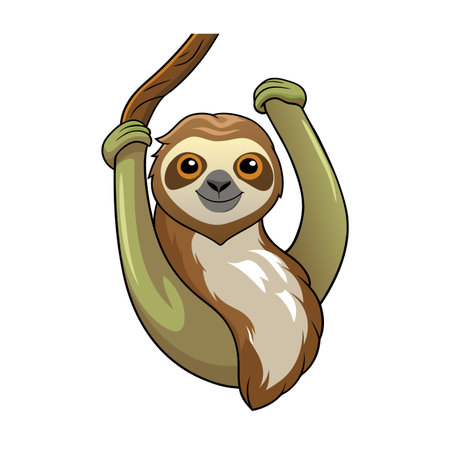 Cartoon sloth hanging from a branch, isolated on white background, vector illustrationのイラスト素材