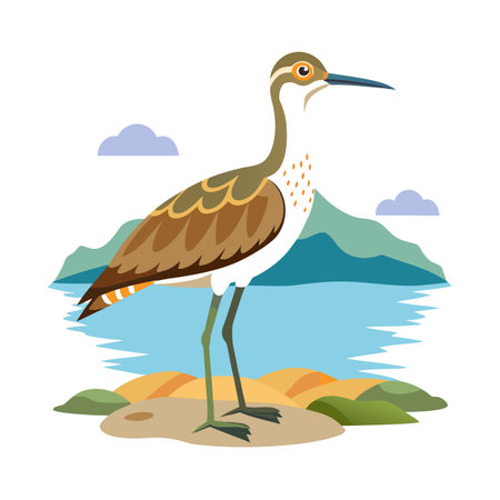 Minimalist illustration of a long-legged bird by a lake with mountainsのイラスト素材