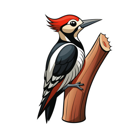 Cartoon style woodpecker perched on tree branch against clean white backgroundのイラスト素材