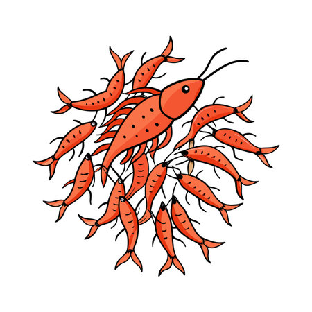 Shrimp Circle Arrangement: A playful illustration featuring numerous orange shrimp in a circular designのイラスト素材