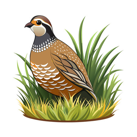 Detailed vector illustration of a quail bird nestled in vibrant green grassのイラスト素材