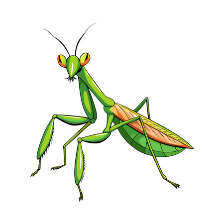 Cartoon Praying Mantis Standing Upright on White Background Ready to Strikeのイラスト素材