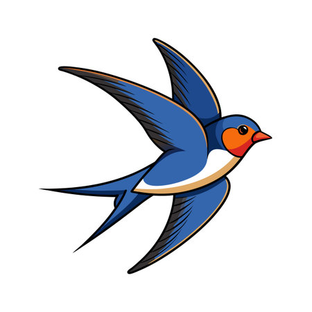 Vibrant blue swallow illustration in flight, stylized with bold outlines and bright colorsのイラスト素材