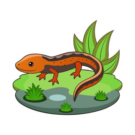 Cartoon Newt Illustration on Lilypad with Pond and Foliage Backdropのイラスト素材