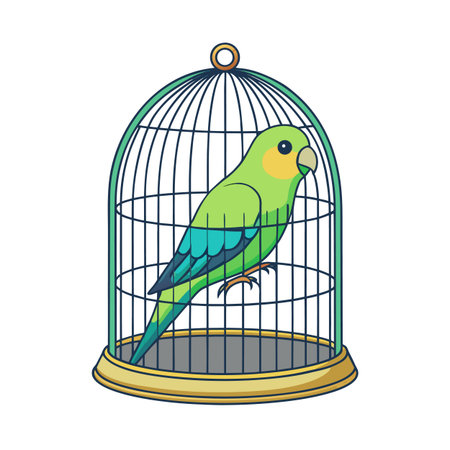 Cartoon illustration of a green parrot perched inside a green birdcageのイラスト素材