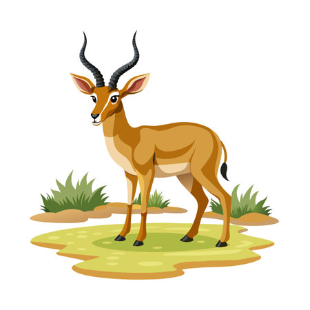 Cartoon Impala Standing Calmly in a Green Field with Grassy Patchesのイラスト素材